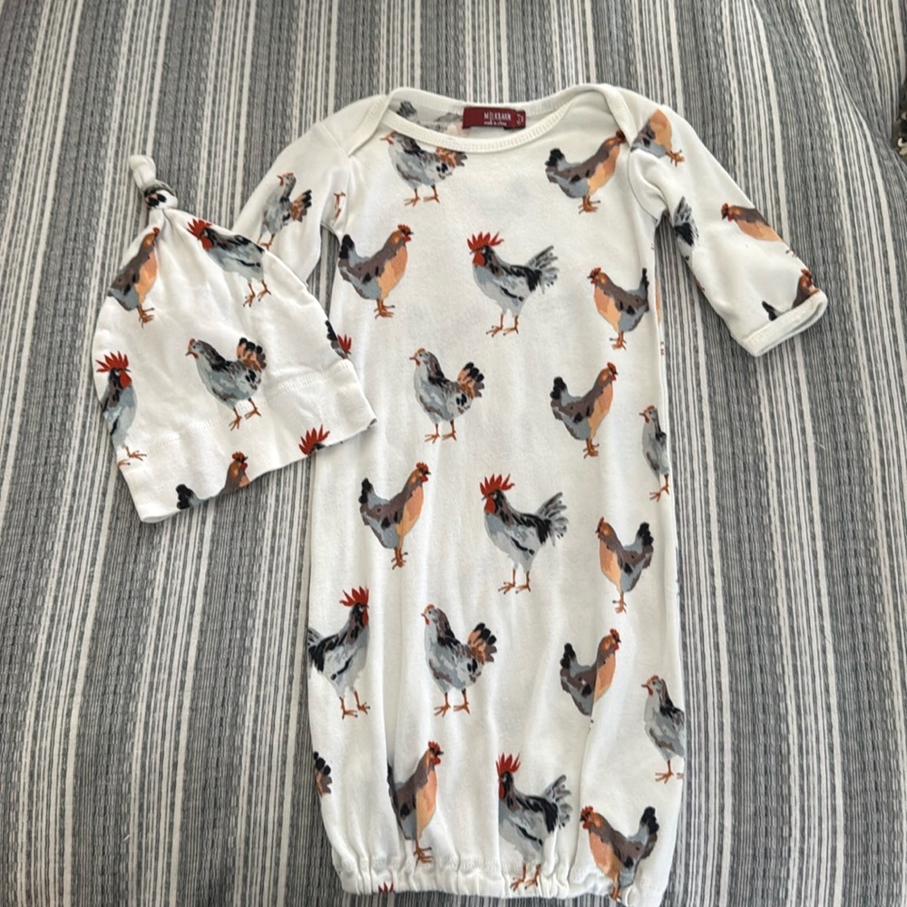 Milkbarn White Baby Gown and Hat Set with Rooster Print